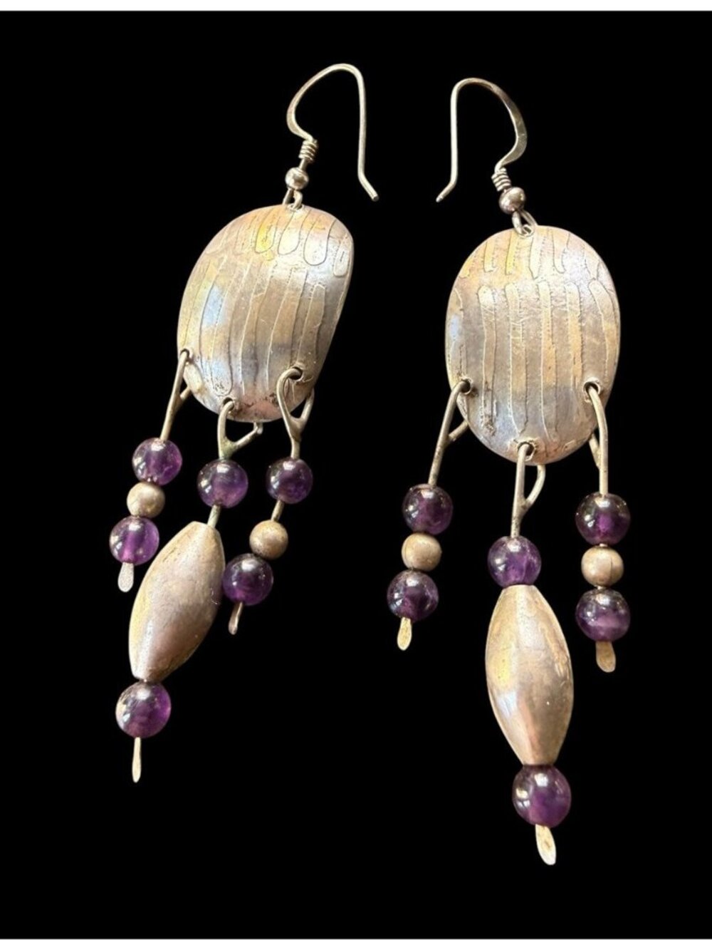 Vintage Modernist Sterling Silver Round Amethyst Bead Earrings Dangle Drop 2.25”